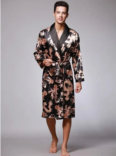 Men silk robe in wine red with V-neck and long sleeves, satin fabric with 95% modal, available in sizes L to 3XL