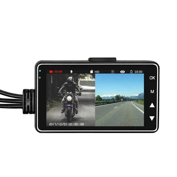 Black motorcycle dash cam with dual lenses and 3-inch screen mounted on handlebars