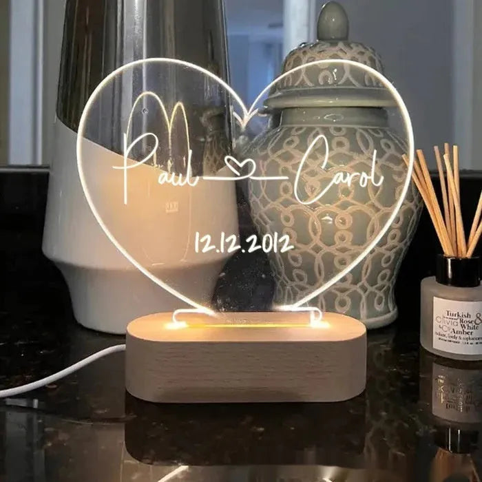 Custom LED night light with engraved names and date on transparent acrylic plate