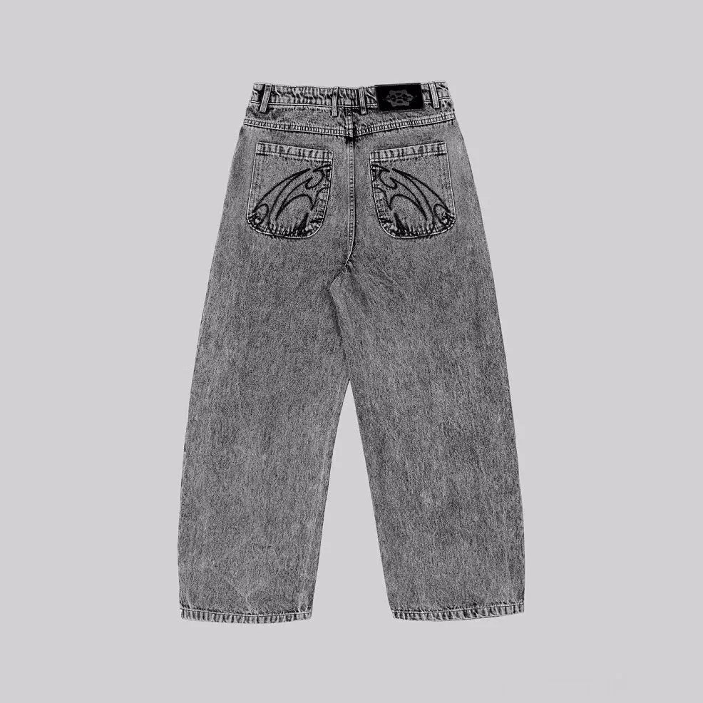 Grey loose fit straight-leg cotton denim trousers on a mid-rise waist mannequin