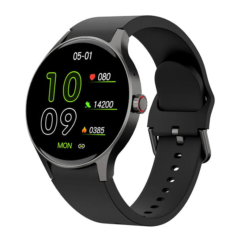 Smart watch with blood glucose and heart rate monitoring on a coloured AMOLED screen.