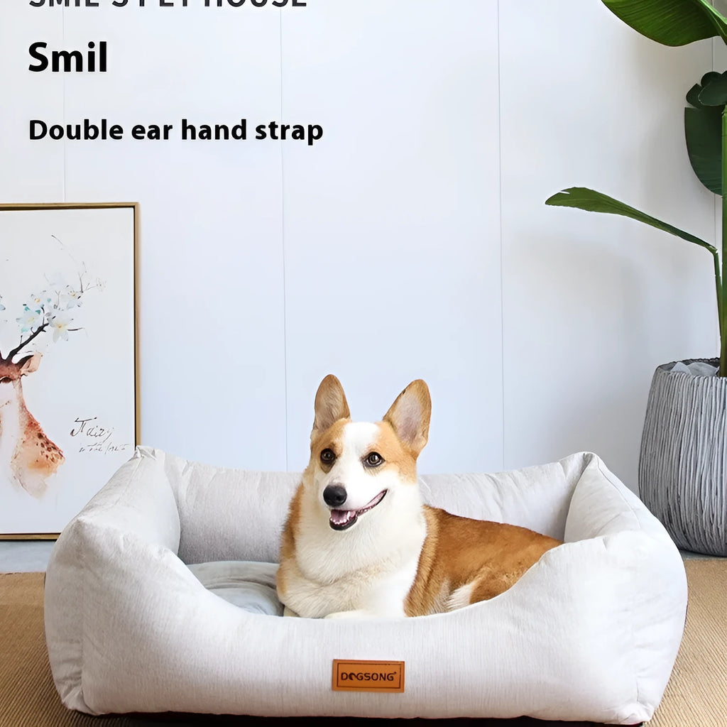 Cloth dog kennel bed in khaki with summer sleeping mat, available in four sizes S to XL for small to large dogs