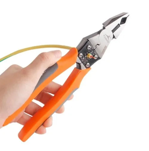 Orange handled multi-function wire cutter pliers with forged steel jaws on a workbench.