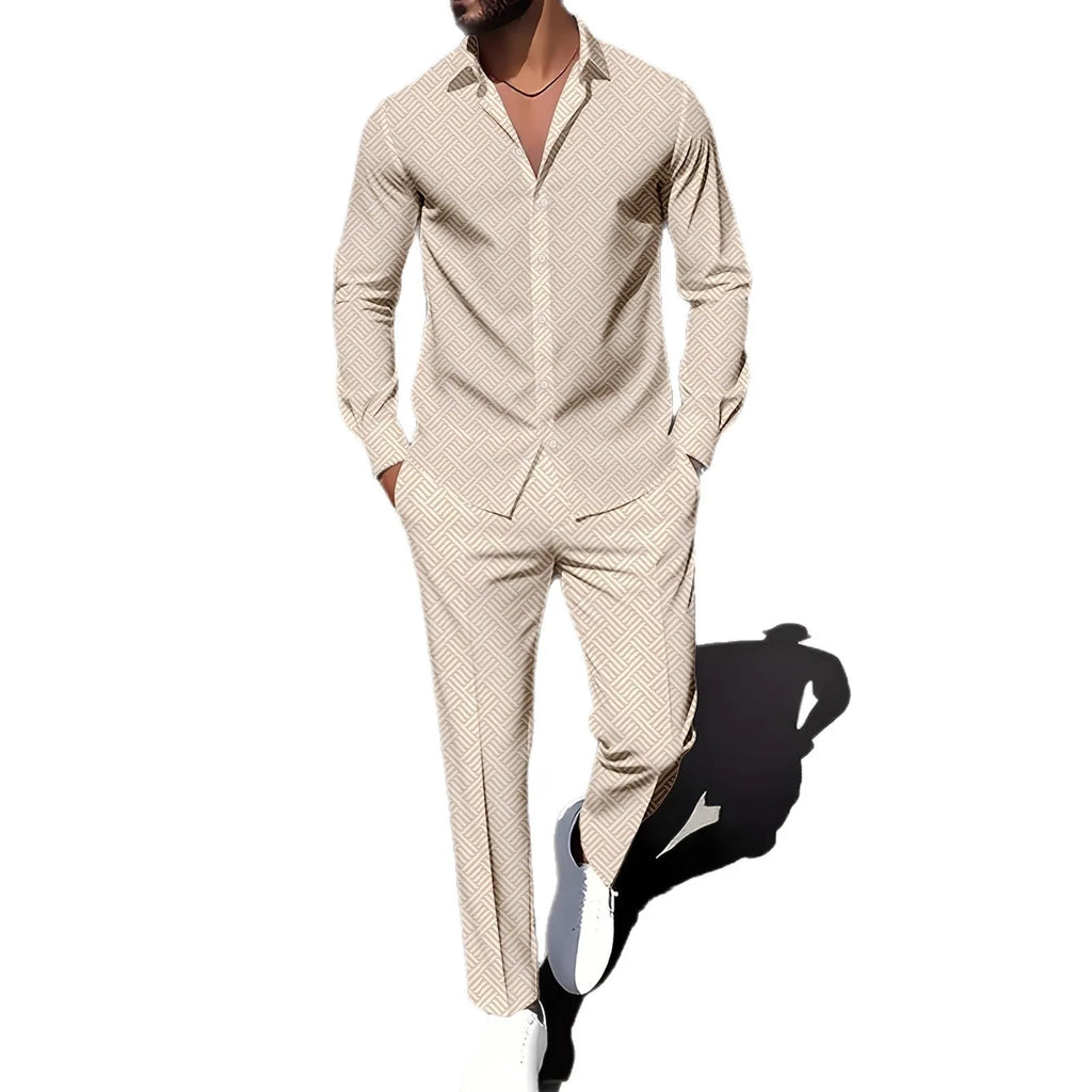 Men's plaid square grain print suit set with shirt and trousers in apricot colour on model