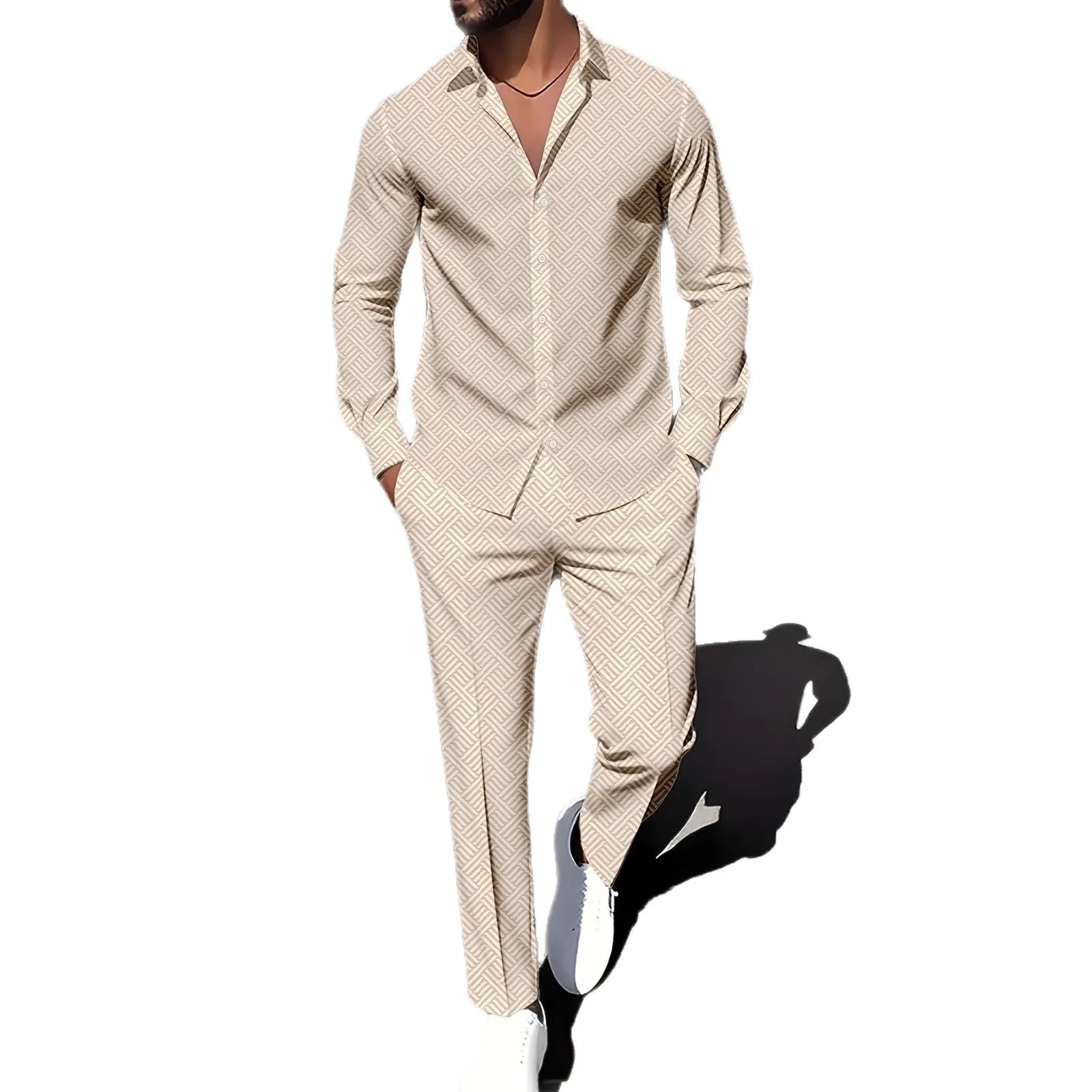 Men's plaid square grain print suit set with shirt and trousers in apricot colour on model