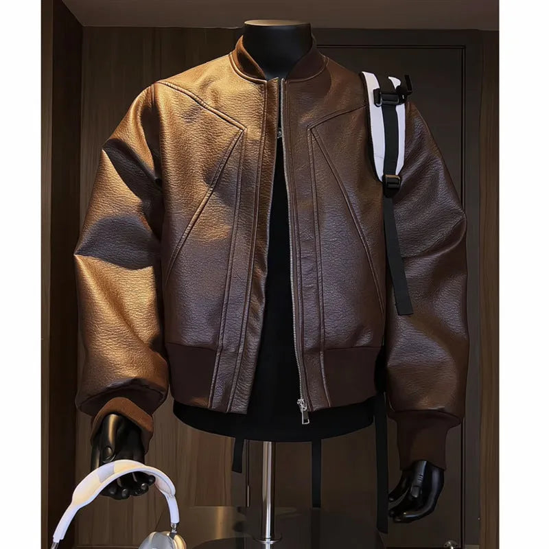 Men's black PU litchi leather jacket with extended 100cm length and tight light business fit