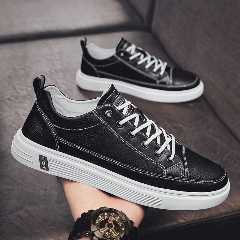 Men's white casual flat shoes with a PU upper and round toe, shown on a light background.