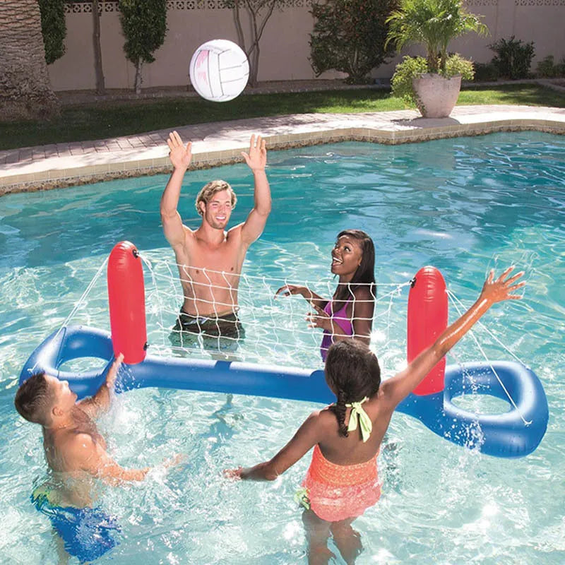 Inflatable pool basketball hoop and ring toss game set floating on water near a swimming pool