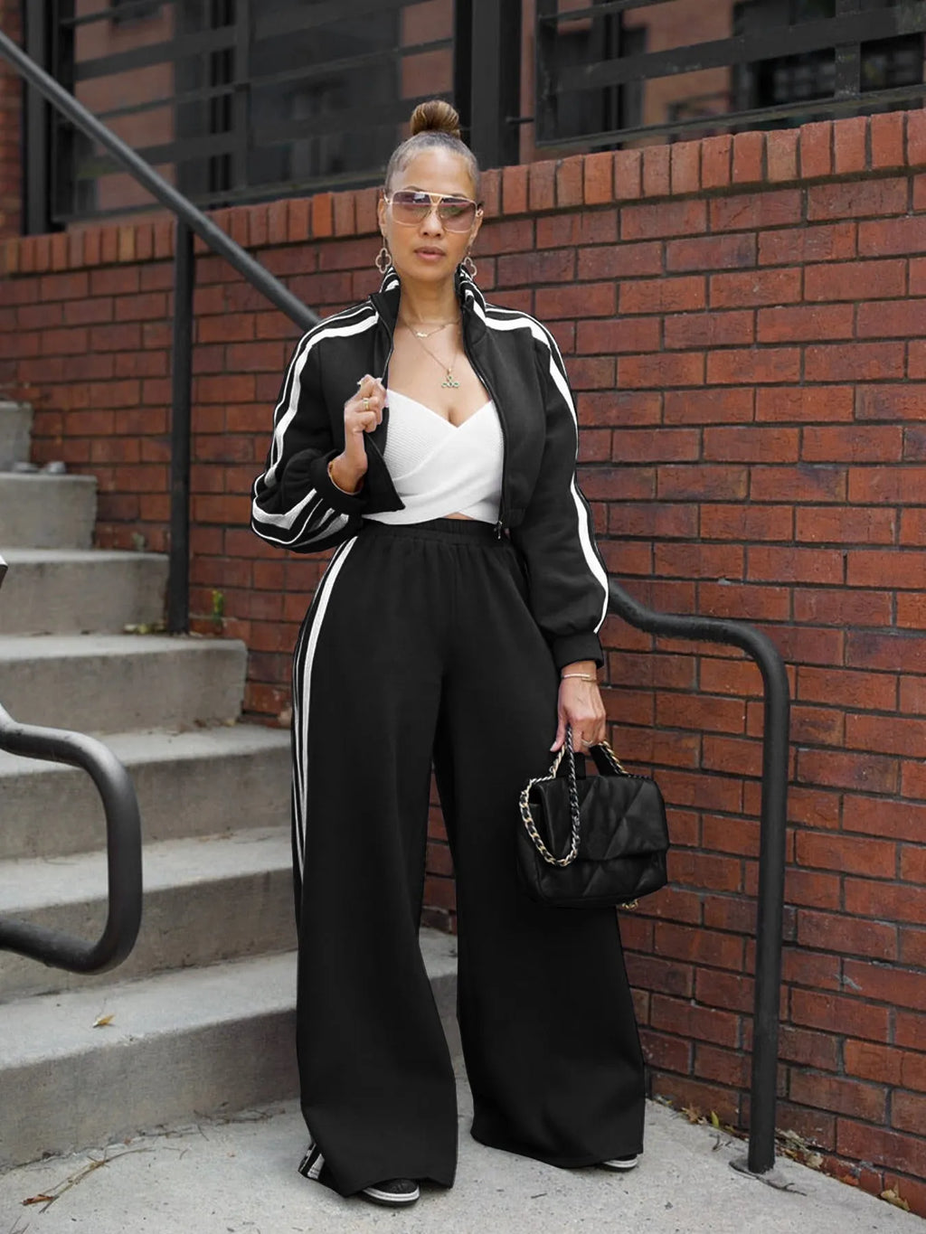 Striped suit zipper thickening sweater two-piece set in polyester fabric with street hipster styling
