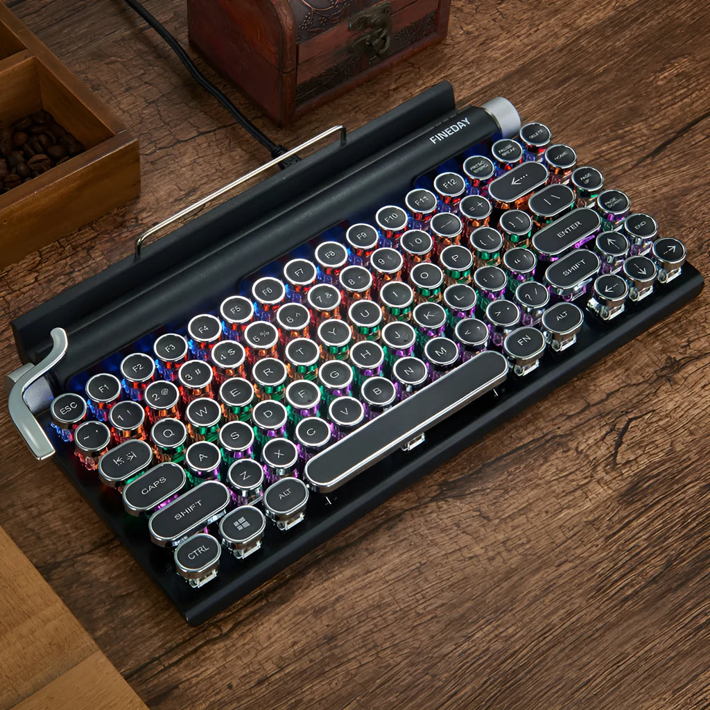 Black retro-style Bluetooth mechanical keyboard with RGB backlight on a wooden desk