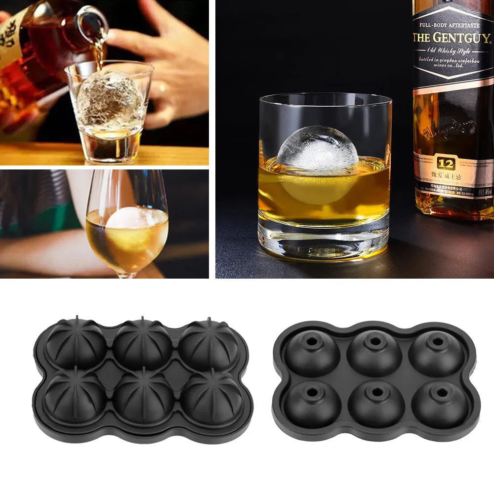 Large black silicone ice cube maker with six 4.5cm sphere cavities on a white background