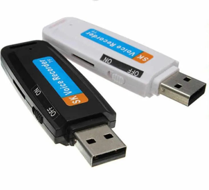 Black and white creative USB flash drive with voice card function on a plain background