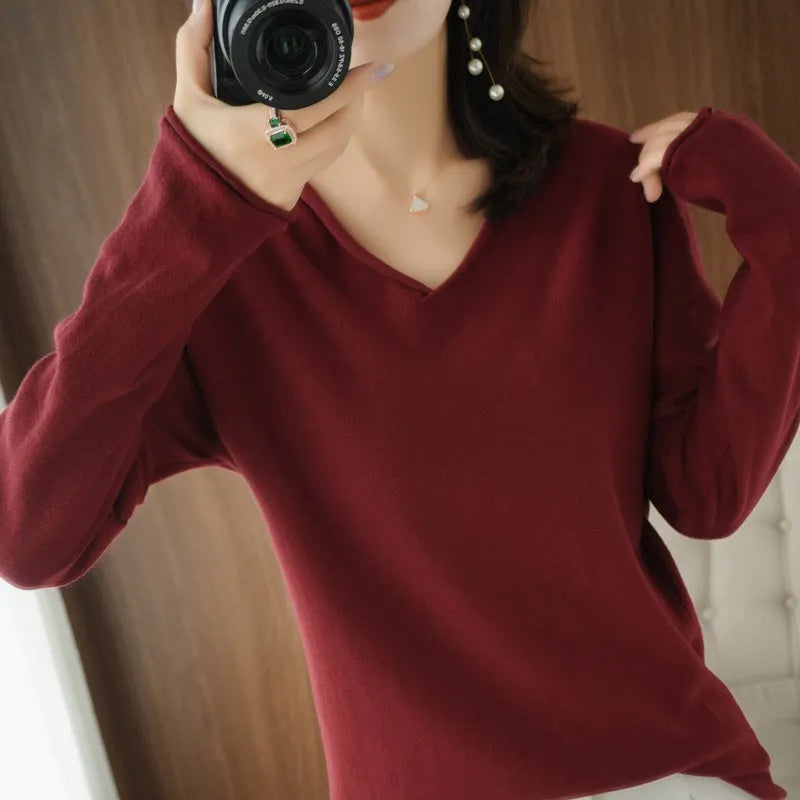 Women's V-neck long sleeve knitwear pullover top in turmeric colour with non-ironing process