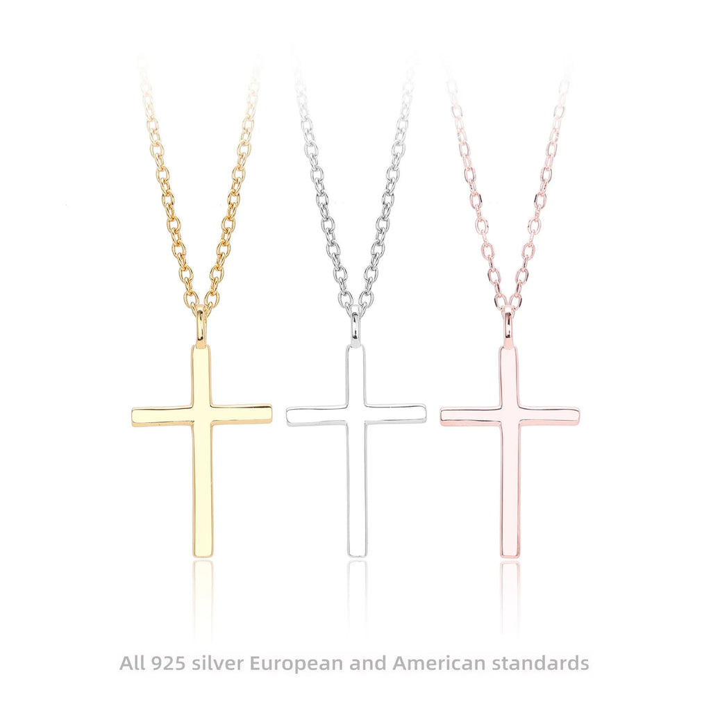 Simple sterling silver cross pendant necklace with glossy finish on adjustable O-link chain