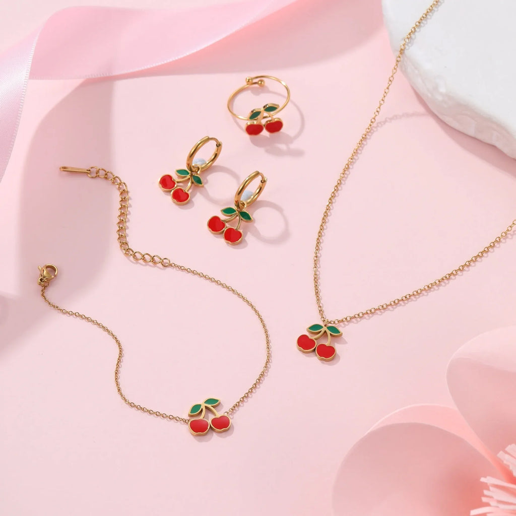 Cherry jewellery set with necklace, bracelet, earrings and ring in stainless steel with 18K electroplated finish