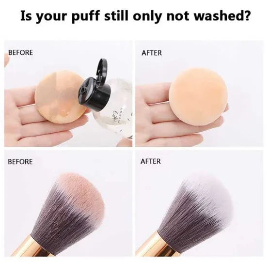 50ml makeup brush cleaning liquid in a clear plastic bottle with blue cap, 9x3x3cm size