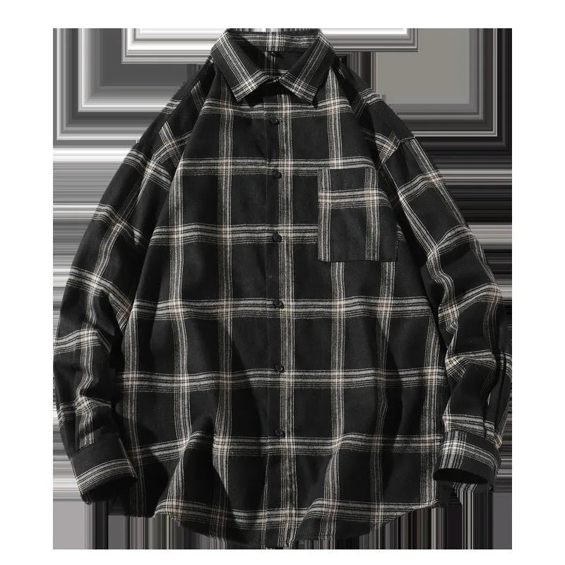 Men's loose fit plaid shirt with long sleeves in polyester fibre, available in black