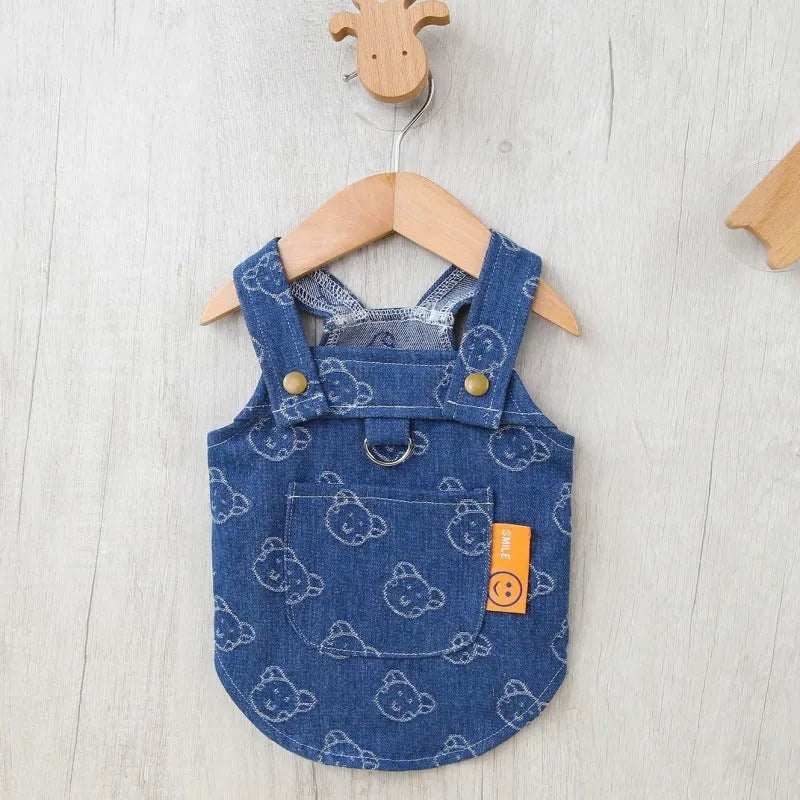 Teddy Bichon wearing thin denim princess dress with bracket-skirt design in blue denim
