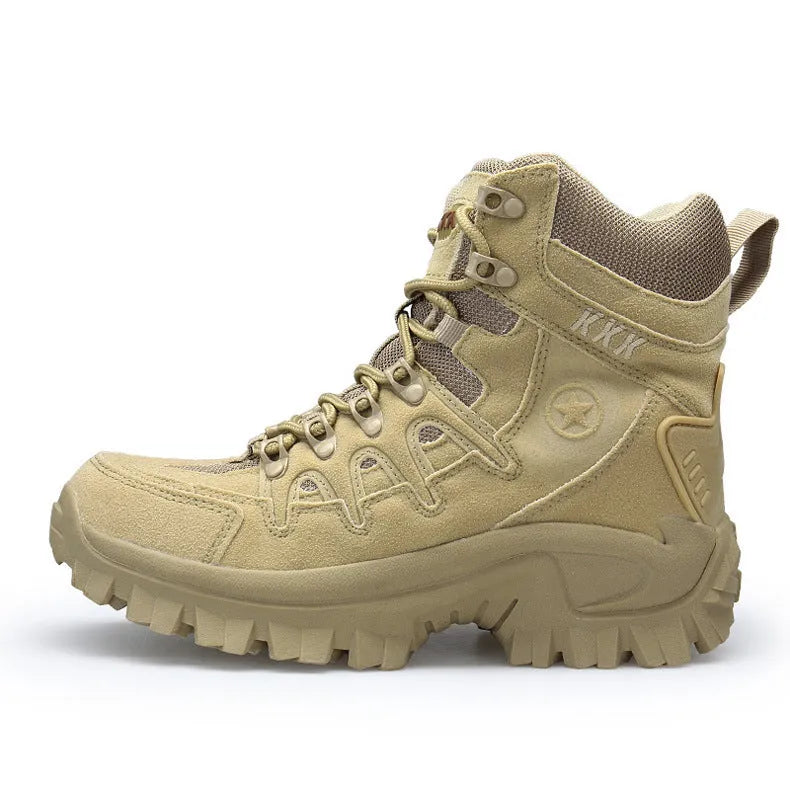Men's black US Army Delta tactical boots with rubber sole and velvet leather upper on a rocky outdoor surface.