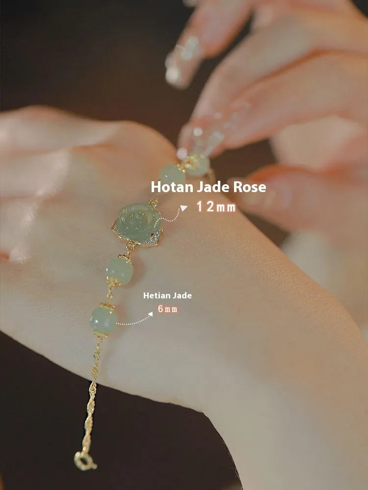 Handcrafted women's bracelet with Hetian Jade rose flower design and 14K gold gilded accents
