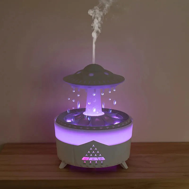 Raindrop humidifier with 350ml capacity, 7 colour nightlight, and essential oil diffuser in white finish