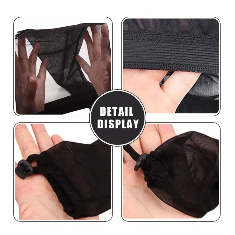 Mesh wig cap in spandex material showing stretch elasticity and breathable construction