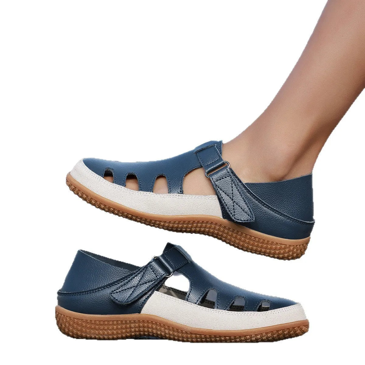 Plus size women's flat sandals with hollow-out design and toe cap in blue, red, or white.