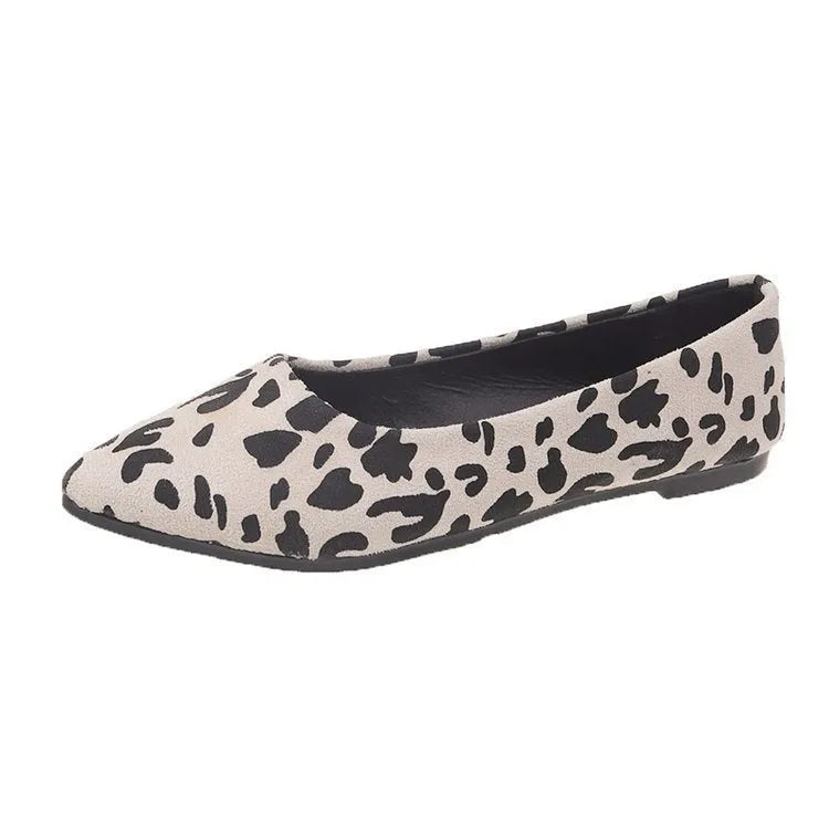 Women's leopard print flat pumps with pointed toe and low heel in three colour options