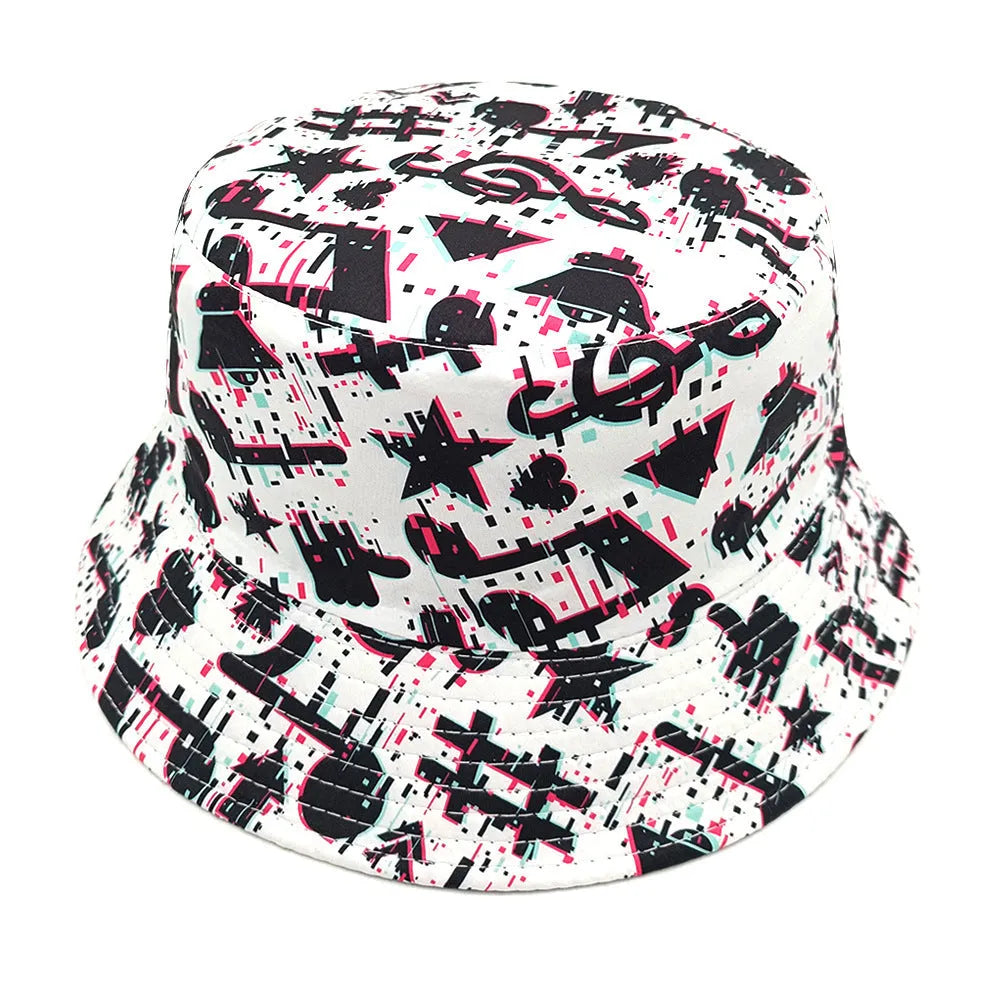 Bucket hat with musical note pattern in retro style, dome crown construction, polyester fabric