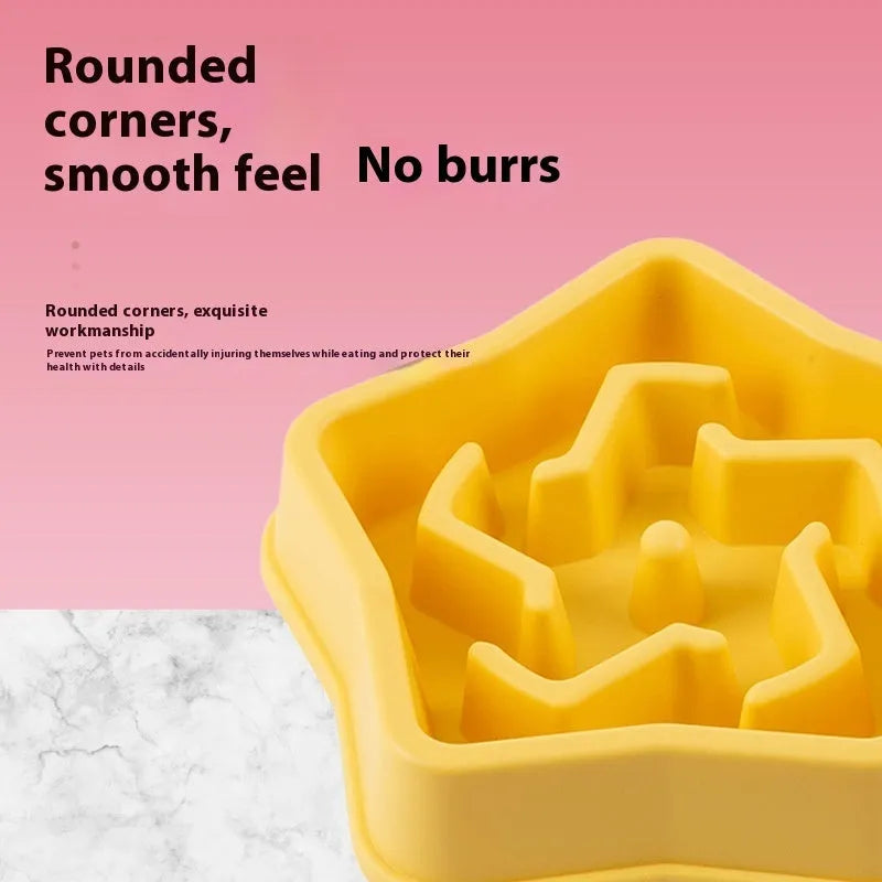 Yellow plastic dog slow feeding bowl with raised pattern measuring 20.1cm