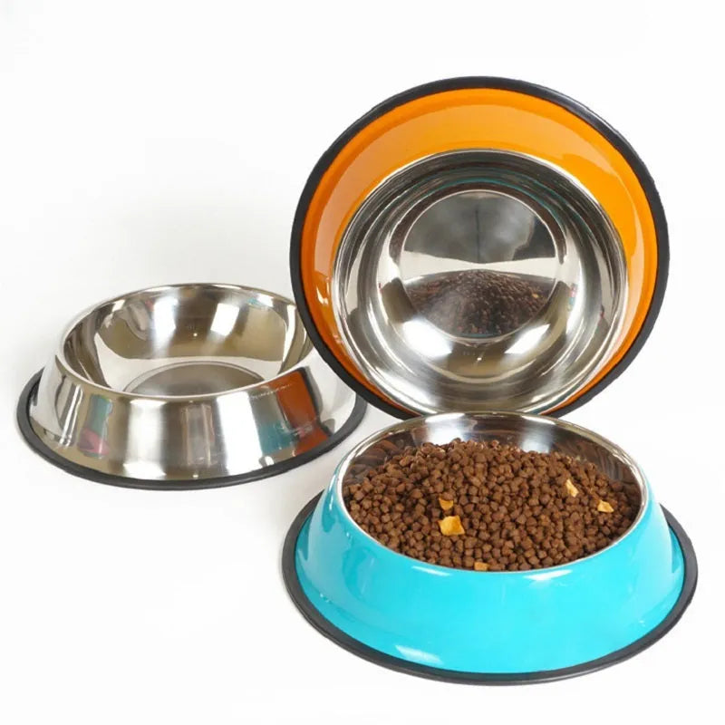Stainless steel pet bowl with colourful melamine outer pot showing non-slip rubber base