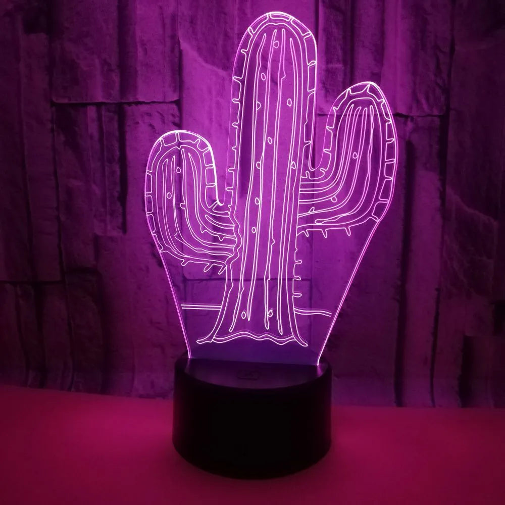 Cactus 3D night light with touch control showing green LED glow on a wooden table