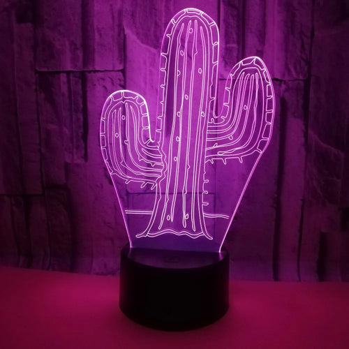 Cactus 3D night light with touch control showing green LED glow on a wooden table
