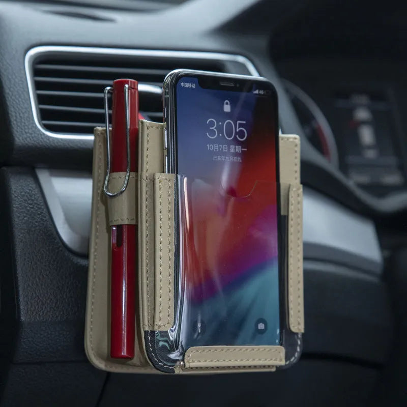 Multifunctional car phone storage bag in beige for seat gap organisation, 90g leather organiser