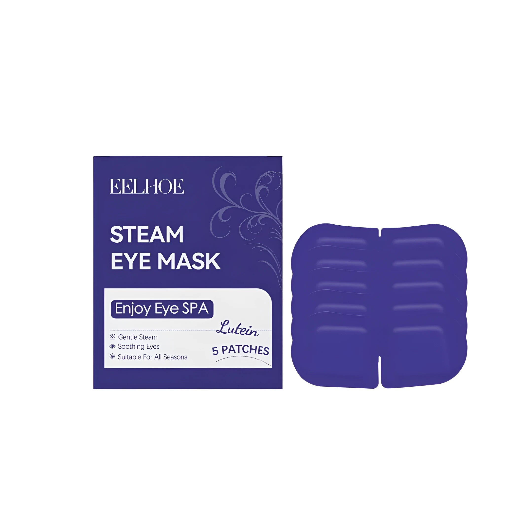 Five self-heating lutein steam eye masks with cranberry extract in open packaging
