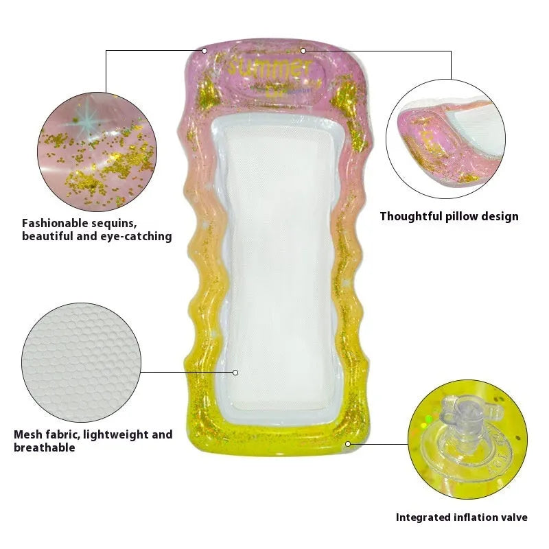 PVC thick sequins inflatable floating row pool lounger in gradient colour with canopy