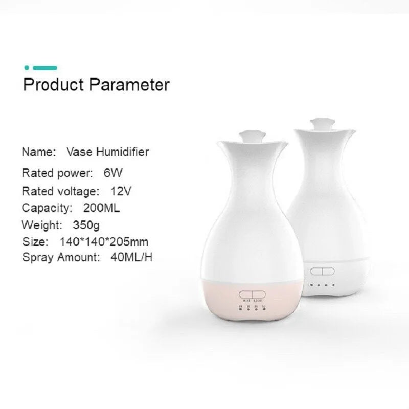 White ultrasonic aromatherapy vase humidifier with colourful LED night light and 200ml water tank capacity