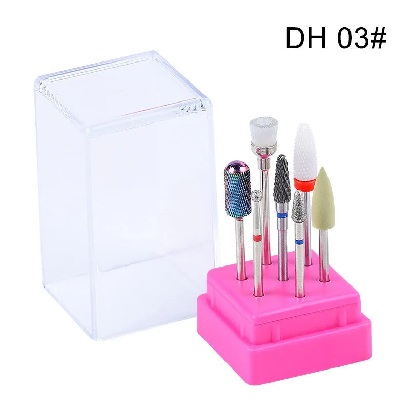Tungsten steel nail drill polishing head set with 7 bits and a brush in a transparent case.