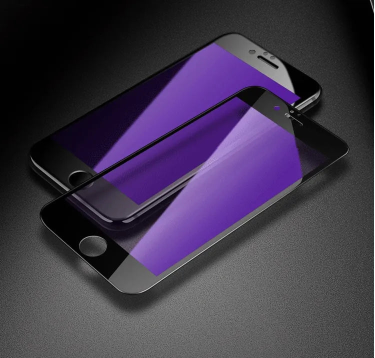 Tempered glass screen protector with carbon fibre edge for iPhone models on a dark surface