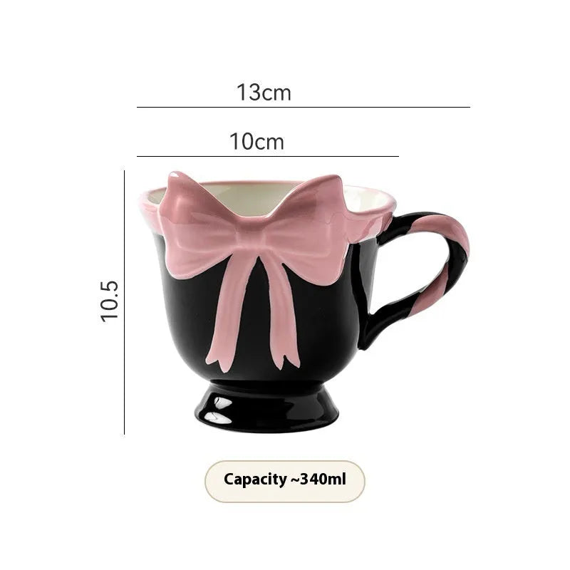 Ceramic mug with girl heart bow design in white powder or black pink colour, 301-400ml capacity