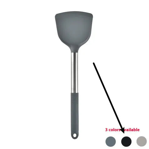 12-piece silicone kitchenware set with rotating storage bucket showing utensils in black, dark grey or khaki colours