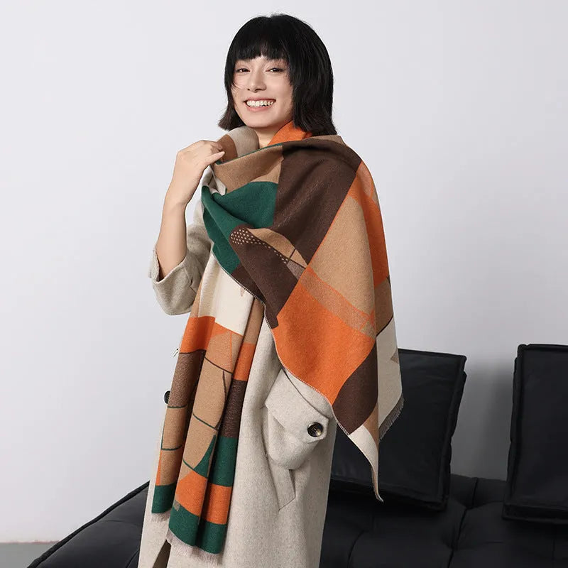 185x65cm cashmere-like polyester scarf in autumn colours showing European styling