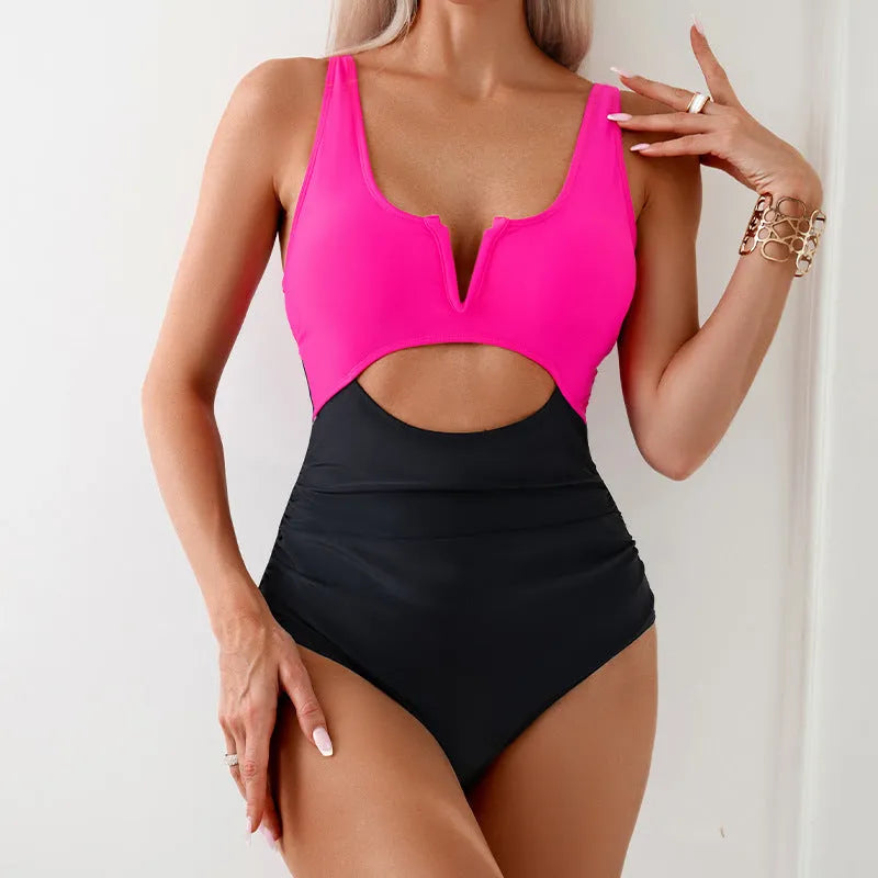Women's colour block contrast one-piece swimsuit in nylon fabric