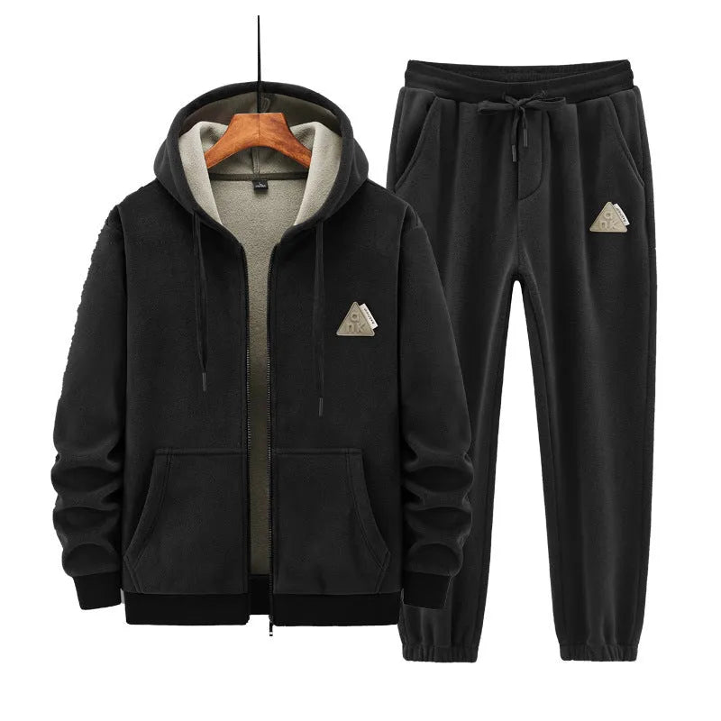 Men's grey cashmere hooded sweater and matching trousers sports suit set on hanger