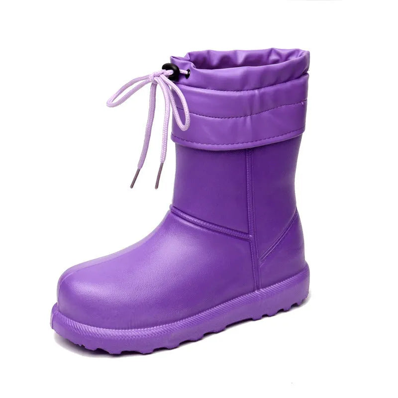 Women's mid-calf EVA waterproof snow boots with velvet lining, platform heel, round toe, in black