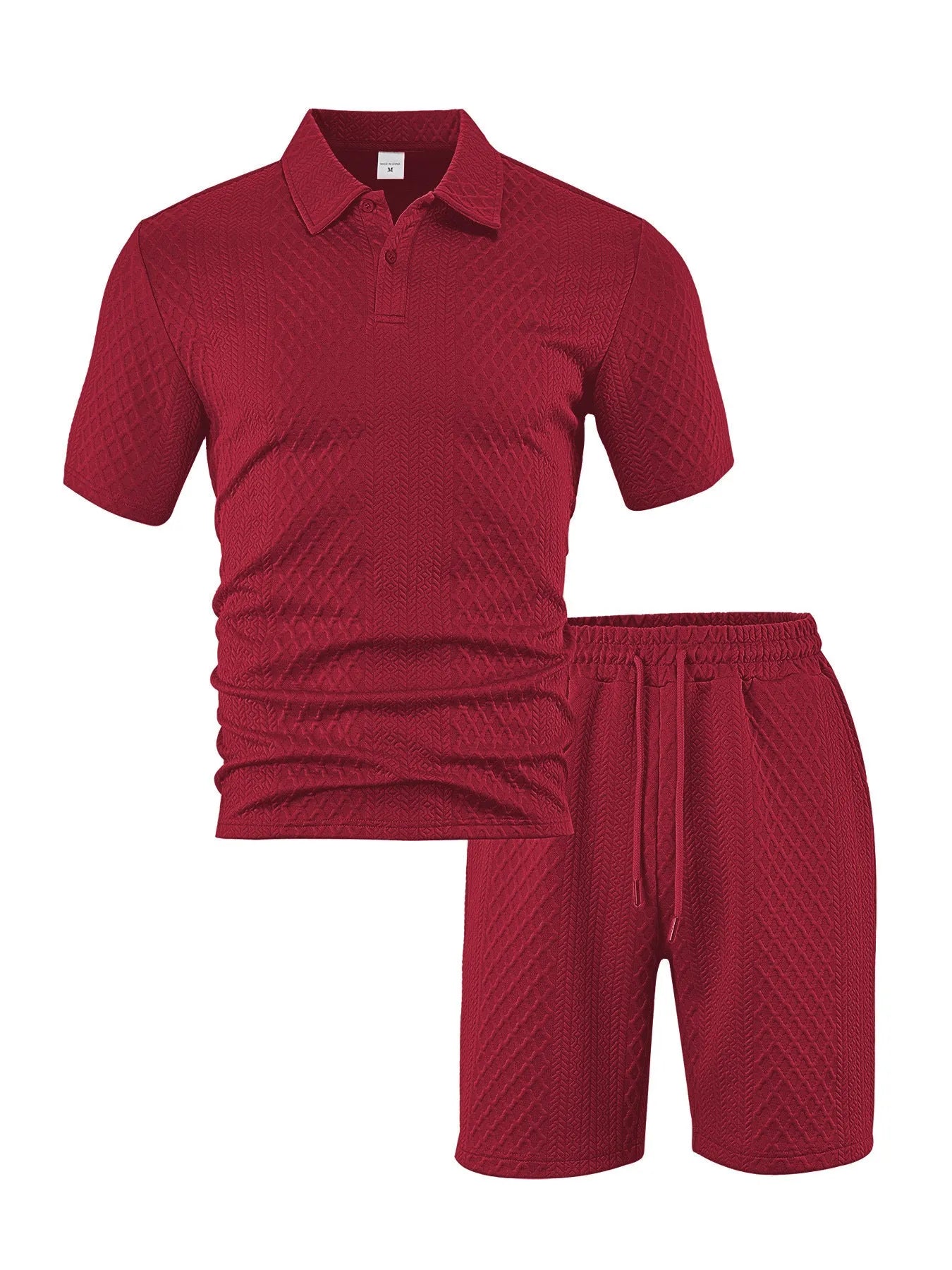 Men's patterned cloth short sleeve polo suit in light blue, shown with matching trousers.
