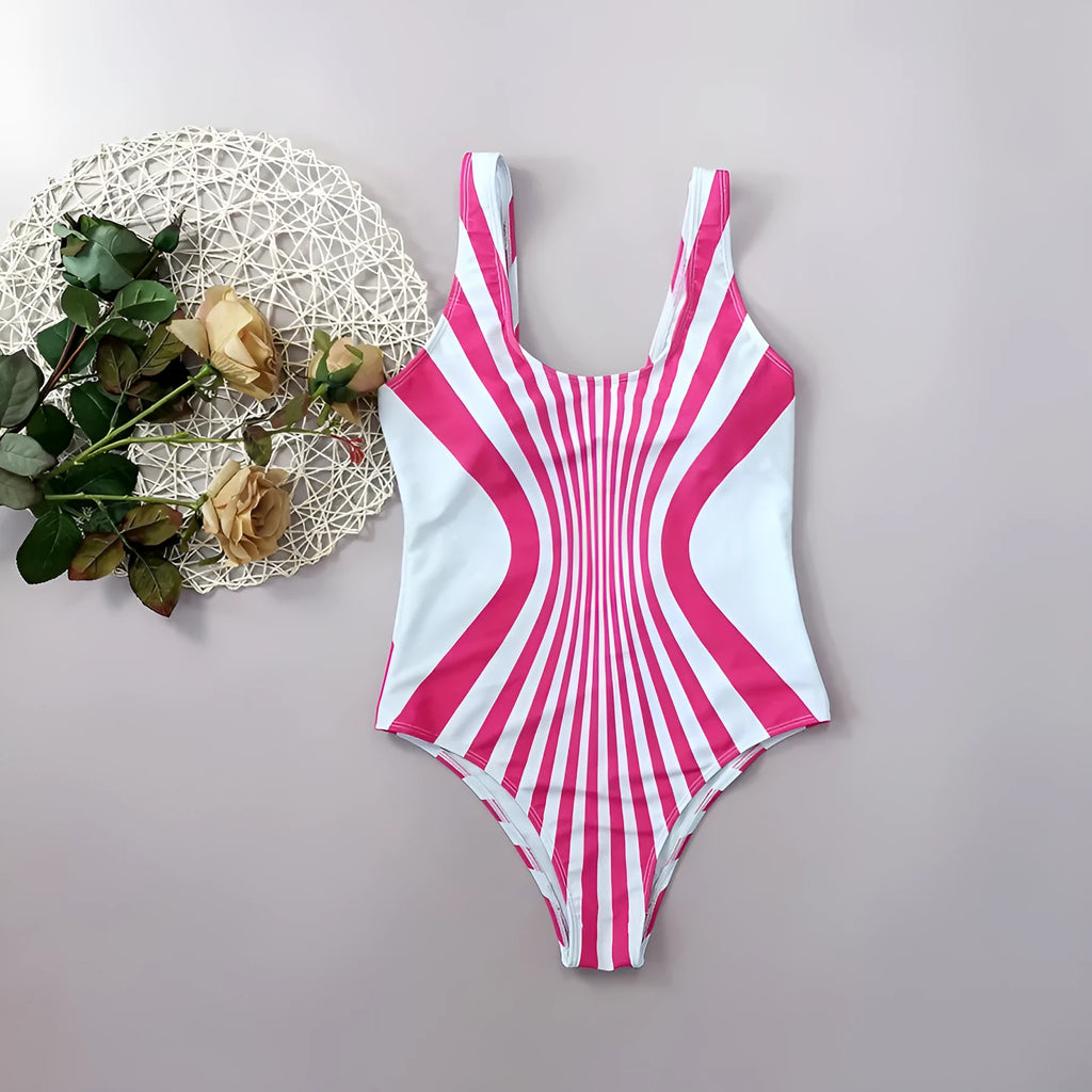 Women's pink striped one-piece swimsuit with digital printed front and rear positioning
