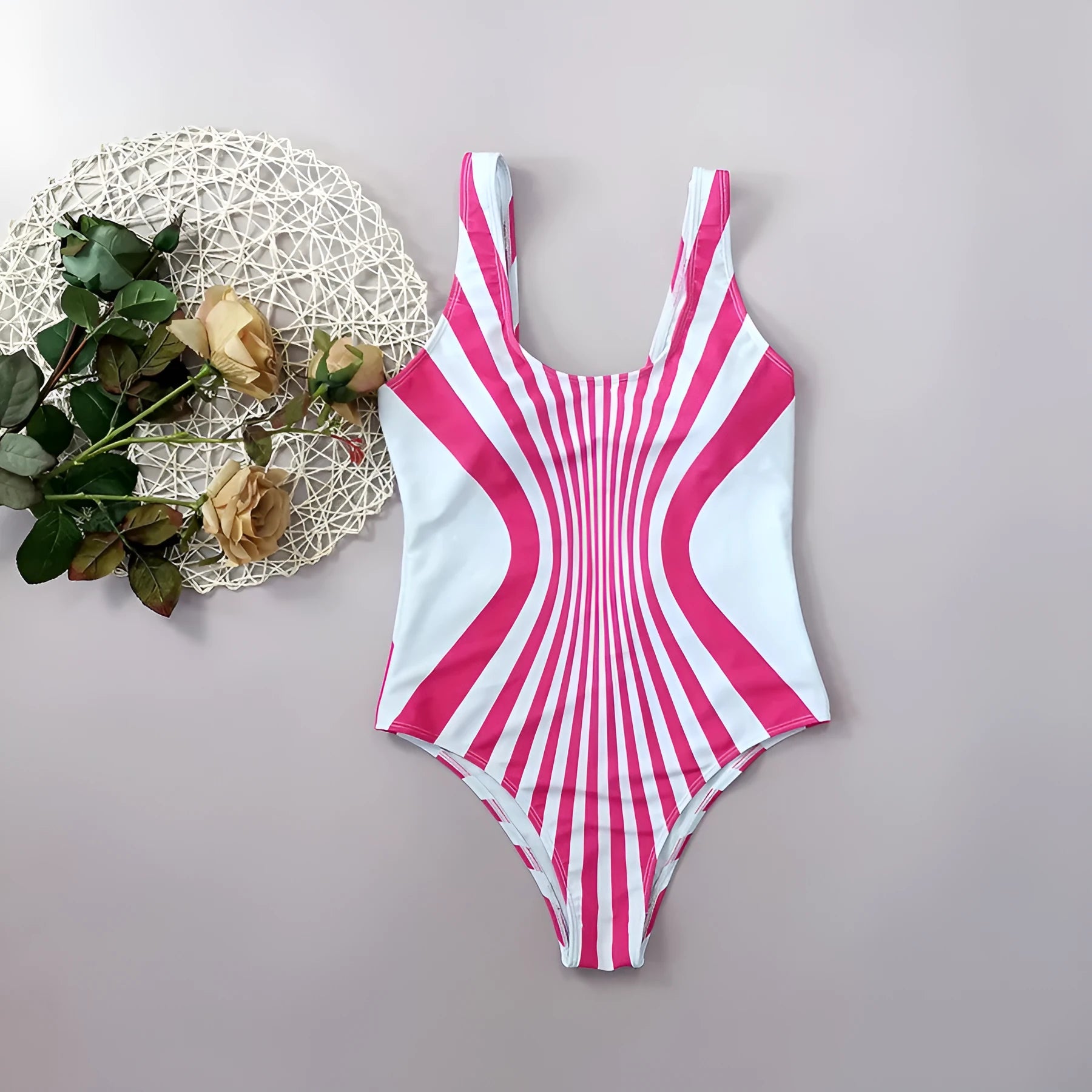 Women's pink striped one-piece swimsuit with digital printed front and rear positioning