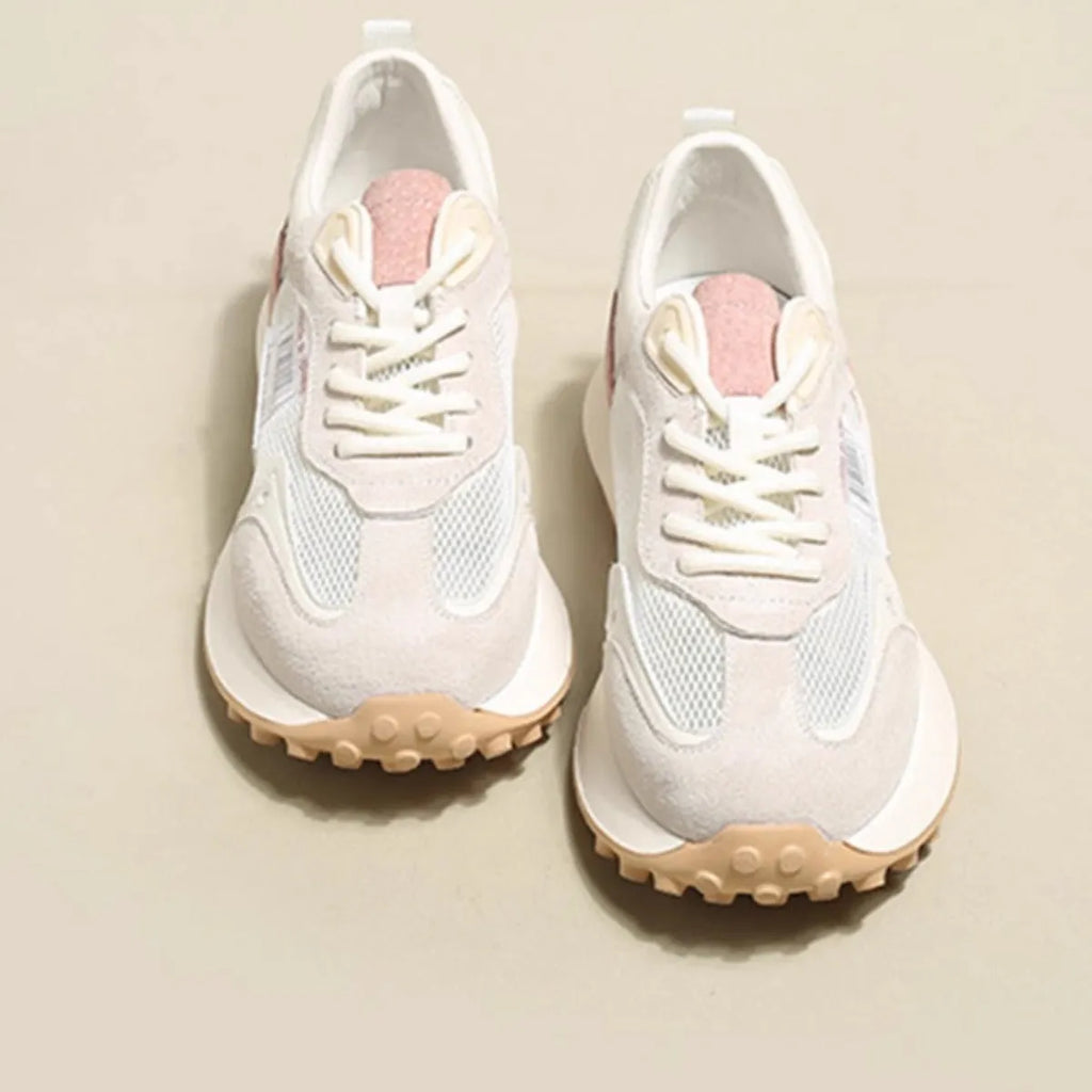 Women's grey and pink retro sneakers with mesh lining and rubber soles, low-top design