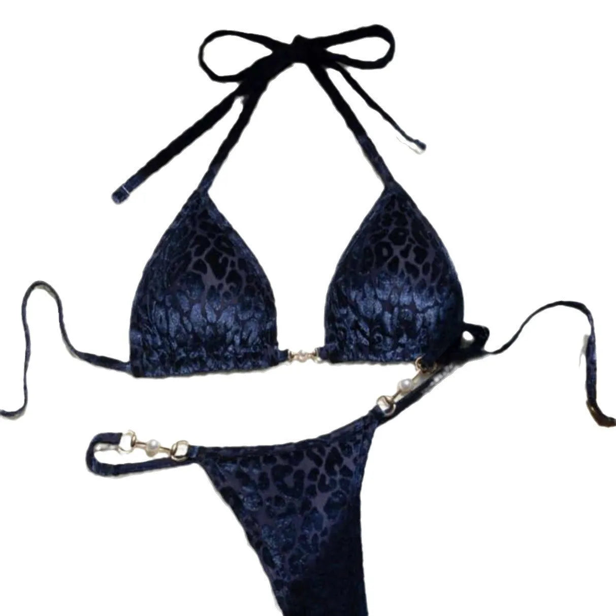 Women's blue leopard print T-shaped bikini swimsuit made from polyester and spandex fabric.